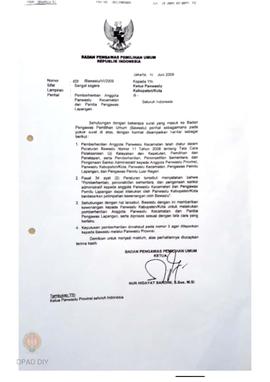 Surat dari Badan Pengawas Pemilihan Umum Republik Indonesia  kepada Ketua  Panwaslu Kabupaten/Kot...