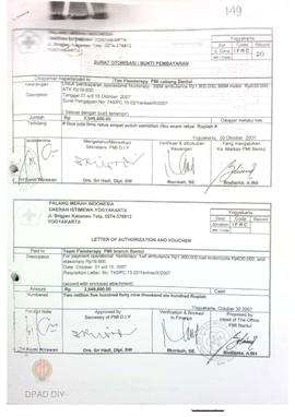 Surat otorisasi / bukti pembayaran untuk membayaran operasional fisioterapi BBM Ambulan Rp 630.00...