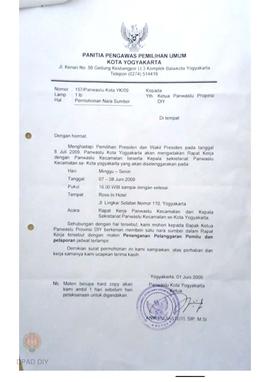 Surat dari Panwaslu Kota Yogyakarta kepada Ketua  Panwaslu Propinsi DIY tentang permohonan narasu...