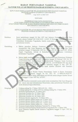 Surat Keputusan Kepala Kantor Wilayah Badan Pertanahan Nasional Provinsi DIY. No : 134 /SK / HGB ...