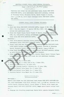 SK Gubernur Kepala DIY No. 123/Idz/KPTS/1986 tentang pemberian ijin lokasi dan ijin pembebasan ta...