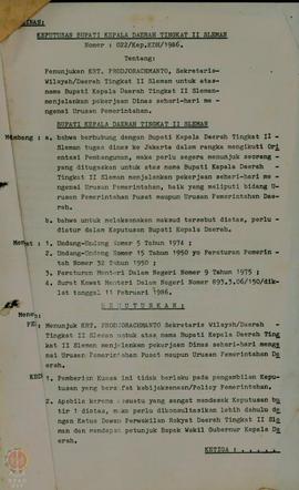 Salinan Keputusan Bupati Kepala Daerah Tingkat II Sleman Nomor:  022/Kep.KDH/1986 tentang Penunju...