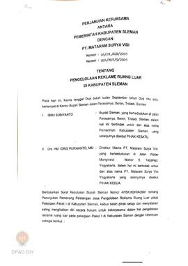 Perjanjian kerjasama antara Pemkab. Sleman dengan PT Mataram Surya Visi No. 04/PK.KDH/2001 dan No...