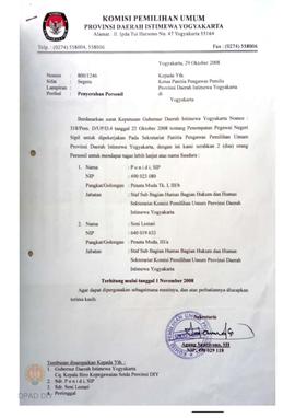 Surat dari KPU kepada Panwaslu DIY perihal penyerahan personil atas nama Ponidi, SIP dan Sani Les...