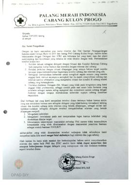 Surat pengaduan dari ketua PMI cabang Kulonprogo kepada ketua Tim Operasional Penanggulan Bencana...