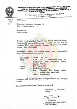Surat dari Kepala BP-7 Daerah Istimewa Yogyakarta kepada – perial Undangan mengikuti Penataran P-...