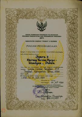 Kumpulan Piagam Penghargaan Lomba Cerdas Tangkas P4 Tahun 1990-1991.