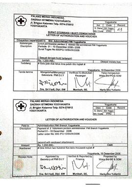 Surat otorisasi/bukti pembayaran kepada bidang administrasi PMI Yogyakarta untuk pembayaran perdi...