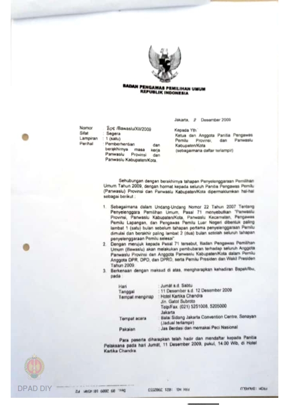 Surat Dari Badan Pengawas Pemilihan Umum RI Untuk Ketua Dan Anggota ...