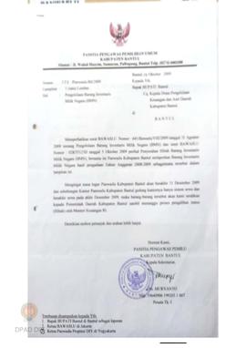 Surat dari Panitia Pengawas Pemilihan Umum kabupaten Bantul untuk Bapak Bupati Bantul No : 177/ P...