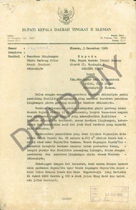 Surat dari Bupati Sleman, Drs. Samirin kepada Marsda (Purn) Rusman tentang perataan pembuatan tam...