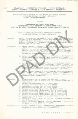 Surat Keputusan Kepala Kantor Wilayah Badan Pertanahan Nasional Provinsi DIY. No : 754/SK / HP / ...