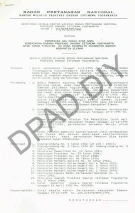 Surat Keputusan Kepala Kantor Wilayah Badan Pertanahan Nasional Provinsi DIY. No : 716/SK / HP / ...