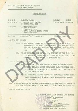 Surat telegram dari  Kapolda Jawa Tengah kepada TP2A2 Daerah Istimewa Yogyakarta tentang kewajiba...
