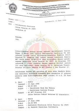 Surat dari Kepala BP-7 Daerah Istimewa Yogyakarta kepada- perihal pemberitahuan pelaksanaan Penat...