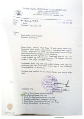Surat dari Kepala Depdikbud Prop. DIY kepada Bupati Kab. Kulonprogo, tembusan kepada ketua Bapped...