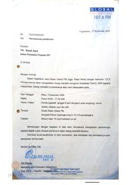 Surat dari Global Radio Berita Jogja kepada Ketua  Panwaslu Provinsi DIY tentang permohonan pembi...
