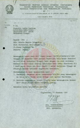 Surat dari Kepala BP-7 Pemerintah Provinsi Daerah Istimewa Yogyakarta kepada Kepala Bagian Pengem...