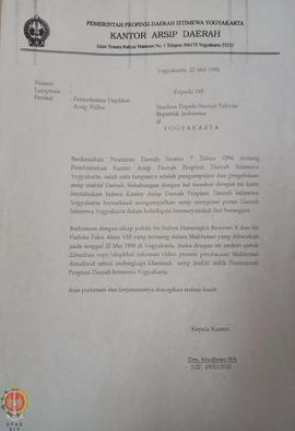 Surat dari Kantor Arsip Daerah Provinsi Daerah Istimewa Yogyakarta kepada Kepala Stasiun TVRI Yog...