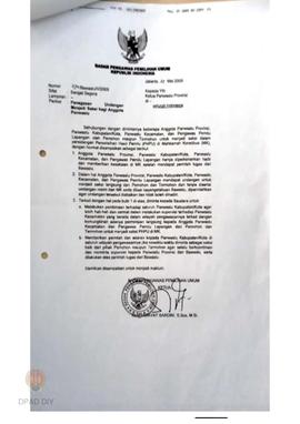 Surat dari KPID DIY untuk Ketua  Panwaslu Provinsi DIYNomor : 57 / KPID  / DIY / V / 2009 perihal...