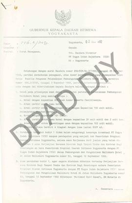 Surat dari Gubernur Kepala  Daerah Istimewa Yogyakarta kepada Direktur PT. Yogya Indah Sejahtera ...