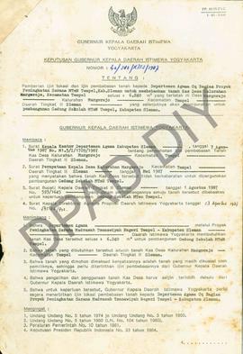 Surat Keputusan Gubernur DIY No. 42/Id2/KPTS/1987 tentang  memberikan ijin kepada Pemerintah Kalu...