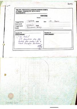 Surat dari PMI cabang Sleman tanggal 1 September 2006 tentang perihal permohonan barang Palang Me...