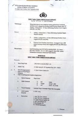 Surat dari DPP HANURA kepada Panwaslu Daerah Istimewa Yogyakarta perihal Pemberitahuan kampanye.