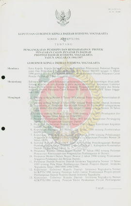 Keputusan Gubernur Kepala Daerah Istimewa Yogyakarta nomor: 139/KPTS/1996 tentang pengangkatan Pe...