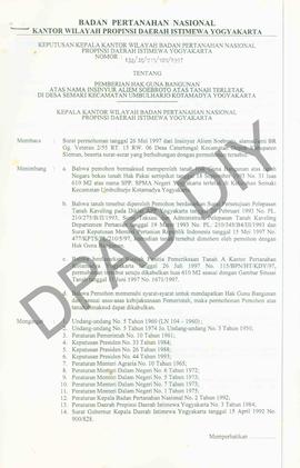 Surat Keputusan Kepala Kantor Wilayah Badan Pertanahan Nasional Provinsi DIY. No : 132 /SK / HGB ...