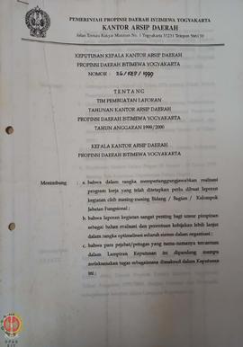 Surat keputusan kepala Kantor Arsip Daerah Provinsi Daerah Istimewa Yogyakarta Nomor: 26/KEP/1999...
