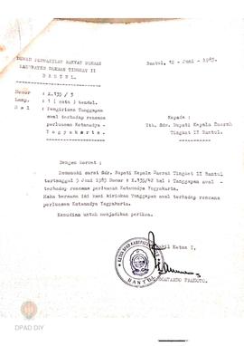 Surat dari Wakil Ketua I DPRD Tingkat II Bantul No. X.135/ 3 tanggal 12 Juni 1985 perihal pengiri...