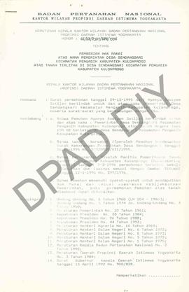 Surat Keputusan Kepala Kantor Wilayah Badan Pertanahan Nasional Provinsi DIY. No : 66/SK / HP / P...