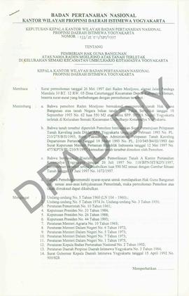 Surat Keputusan Kepala   Kantor Wilayah Badan Pertanahan Nasional Provinsi DIY. No : 133 /SK / HG...