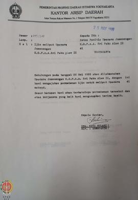 Surat dari Kepala Kantor Arsip Daerah Provinsi Daerah Istimewa Yogyakarta kepada Keta Panitia Upa...