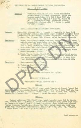 Surat Keputusan Kepala Daerah DIY, no. 295/1973 tanggal 28 Juli 1973 tentang pemberian Hak Milik ...