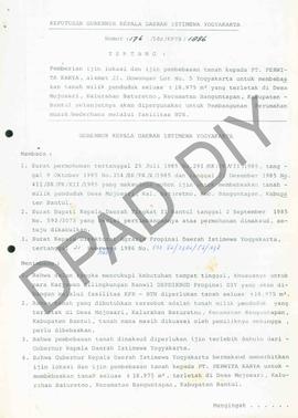 Surat Keputusan Gubernur Kepala DIY No. 176/Idz/KPTS/1986 tentang pemberian ijin lokasi dan ijin ...