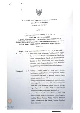 Keputusan Panitia Pengawas Pemilihan Umum Kecamatan Sentolo No: 01/KPTS/Tahun 2009 Tentang Peneta...