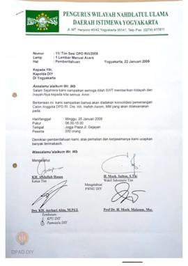 Surat dari Pengurus Wilayah Nahdlatul Ulama DIY untuk Ketua  Panwaslu Provinsi DIY perihal pember...