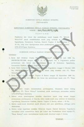 SK Gubernur DIY No. 223/Id2/KPTS/1986 tentang pemberian ijin lokasi dan pembebasan lahan kepada P...