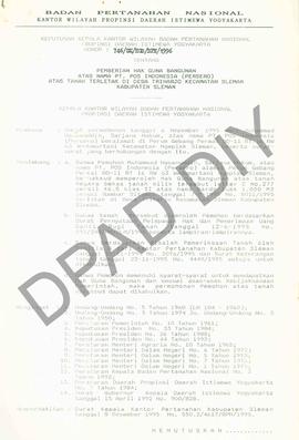 Surat Keputusan Kepala  Kantor Wilayah Badan Pertanahan Nasional Provinsi DIY. No : 746 /SK / HGB...