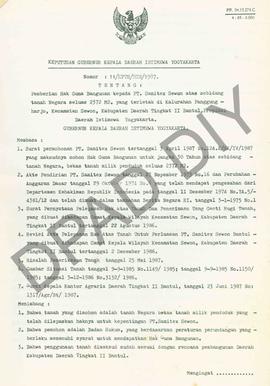 Surat Keputusan Gubernur Kepala DIY No. 11/KPTS/HGB/1987 tentang pemberian Hak Guna Bangunan kepa...