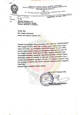 Surat dari Kepala BP-7 Provinsi Daerah Istimewa Yogyakarta kepada Kepala Direktorat Sosial dan Po...