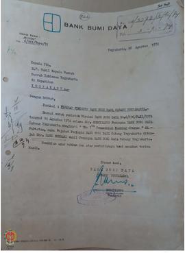 Surat dari Bank Bumi Daya Cabang Yogyakarta Nomor 6/241/Pers/74 kepada Sri Paduka Wakil Kepala Da...