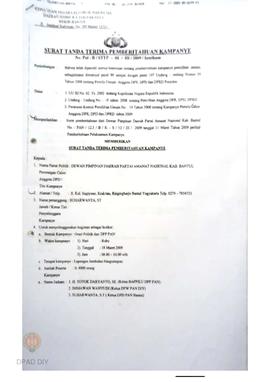 Surat kepada DPD PAN Bantul dari Kapolres Bantul, perihal Surat tanda terima pemberitahuan kampan...