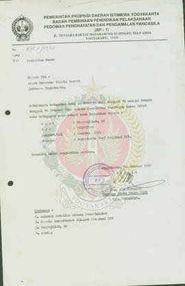 Surat dari Kepala BP-7 Pemerintah Provinsi Daerah Istimewa Yogyakarta kepada Gubernur Kepala Daer...