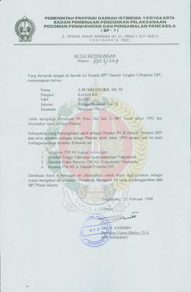 Surat Keterangan Nomor : 893.3/229 dari Kepala BP-7 Pemerintah Provinsi Daerah Istimewa Yogyakart...