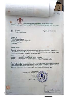 Surat dari Ketua Yayasan Bhakti Nurani Indonesia cabang Yogyakarta kepada Sekda Provinsi DIY Nomo...