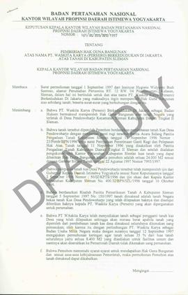 Surat Keputusan Kepala Kantor Wilayah Badan Pertanahan Nasional Provinsi DIY. No:161/ SK/ HGB/  B...