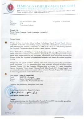 Surat dari Lembaga Ombudsman Daerah Provinsi DIY untuk Ketua  Panwaslu Provinsi DIY perihal Permo...